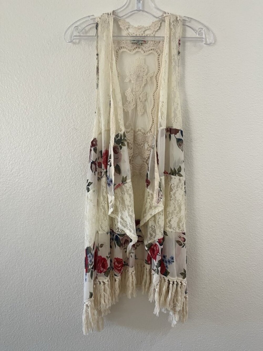 Vivid Importers NY Boho Festival Lace Floral Crochet Tassel Vest Sheer Size M